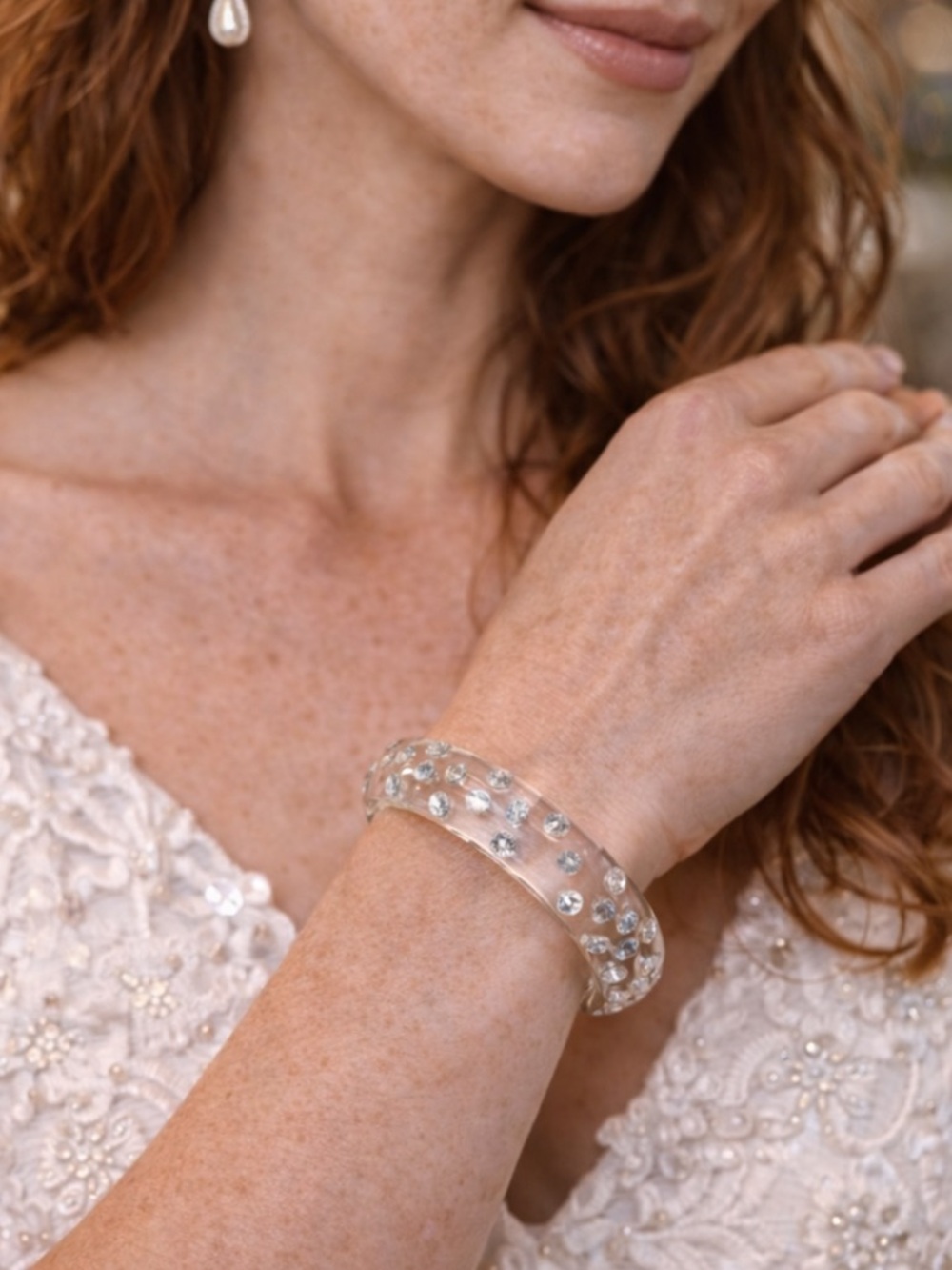 Vintage Clear Lucite and Rhinestone Studded Bangle Bracelet
